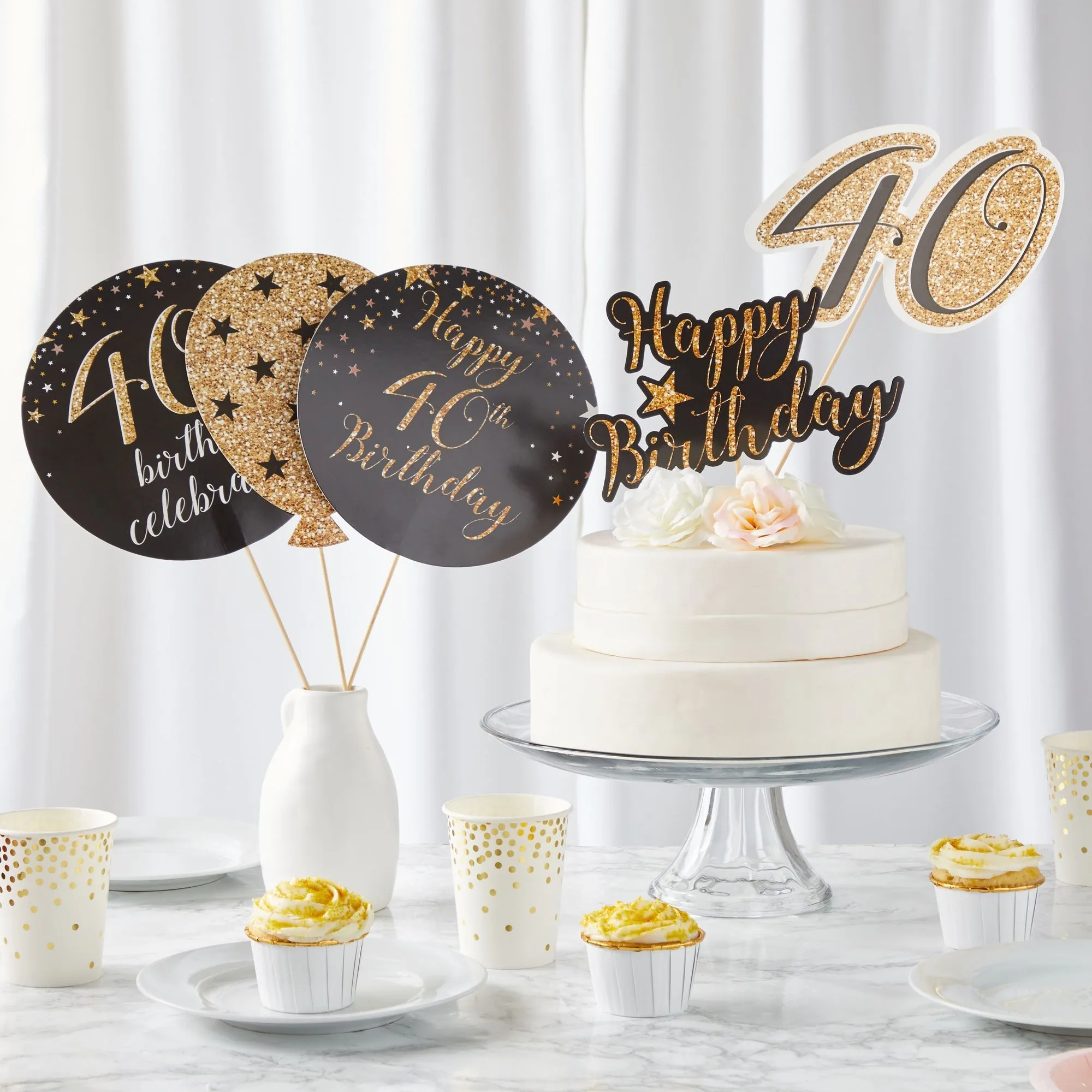 30 Pieces 40th Birthday Decorations, Black and Gold Centerpiece Stick Table Toppers, 4 Designs for Party Supplies