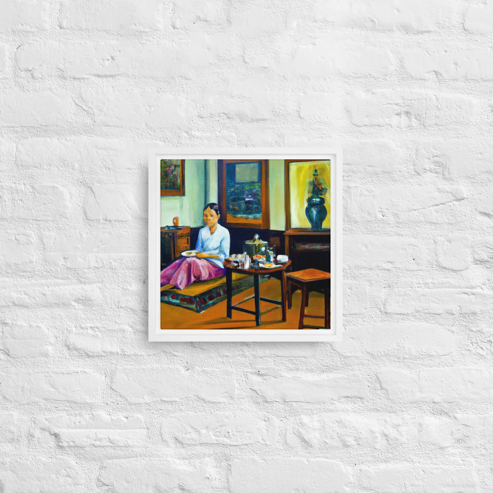 An oil painting of a woman sitting room or salon - Framed canvas