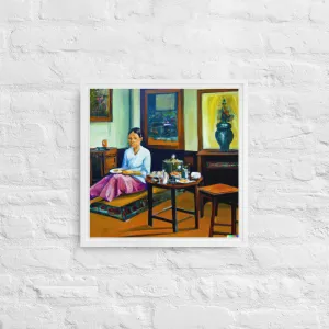 An oil painting of a woman sitting room or salon - Framed canvas