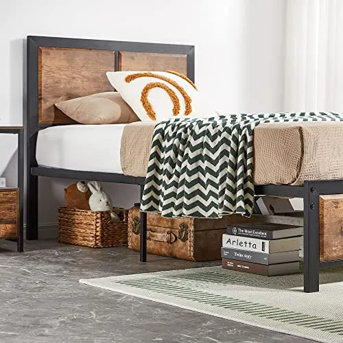 VECELO Twin Platform Bed Frame/Mattress Foundation with Rustic Vintage Wood Headboard, Strong Metal Slats Support, No Box Spring Needed
