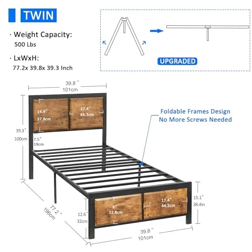 VECELO Twin Platform Bed Frame/Mattress Foundation with Rustic Vintage Wood Headboard, Strong Metal Slats Support, No Box Spring Needed