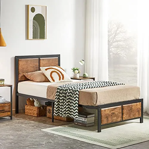 VECELO Twin Platform Bed Frame/Mattress Foundation with Rustic Vintage Wood Headboard, Strong Metal Slats Support, No Box Spring Needed